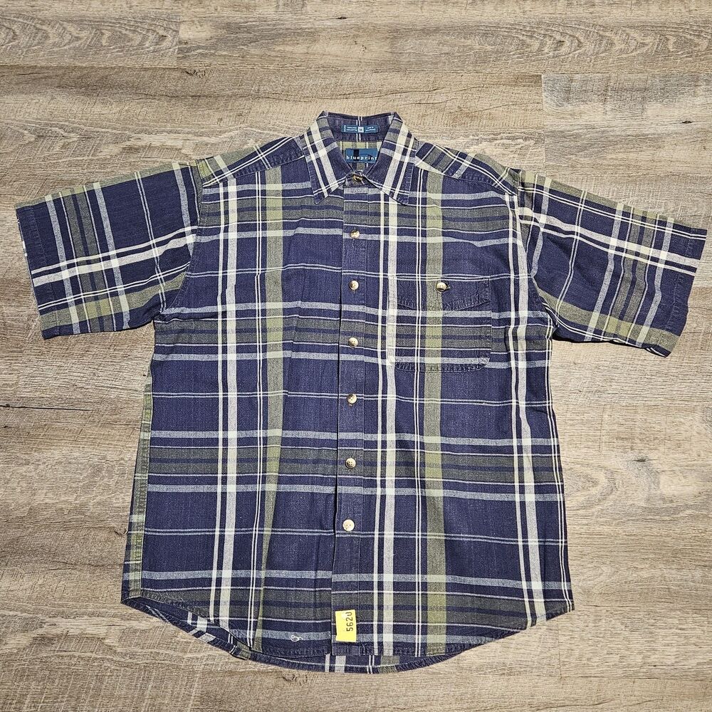 Blueprint Men's Blue Green Plaid Short Sleeve Linen Button Down Shirt Size Med